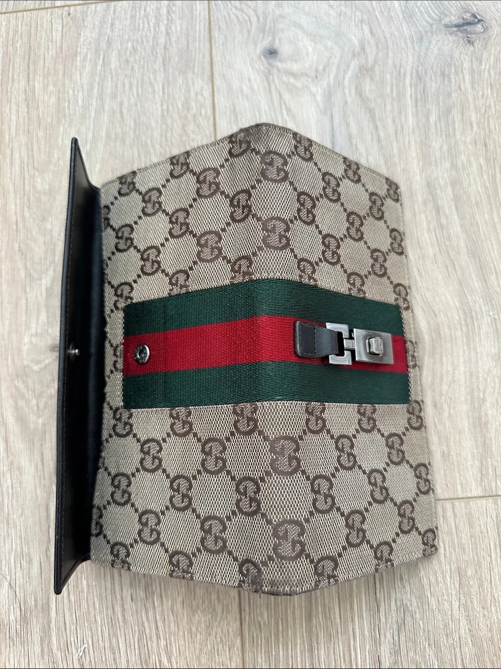 Gucci Brown Monogram Continental Wallet with Green and Red Web Stripe